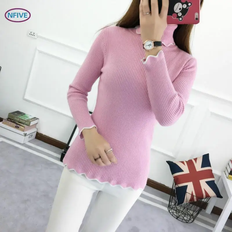 NFIVE Brand 2017 Woman Slim Head Knitted Sweaters Korean Autumn New Lace Lapel Solid Blouse Turtleneck Bodycon Tide Sweater | Женская
