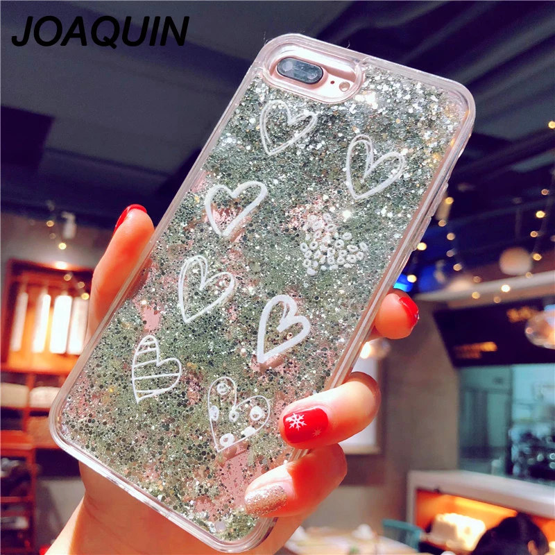 

For iPhone X New Luxury Cute Love Heart silver Bead Bling Glitter Dynamic Liquid Quicksand Phone Case For iPhone 6 6S 7 8 Plus