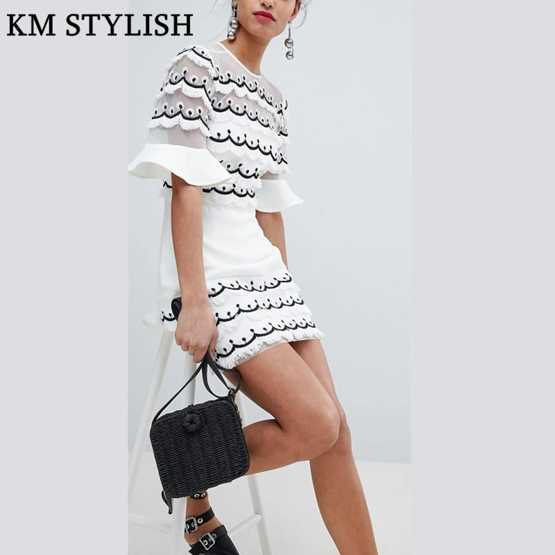 

Keep Australian Designer 2019 Summer New Wave Point Dress Small Tassel Jacquard Flare Sleeve Round Collar Casual Slim Dress
