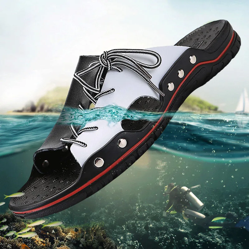 New Genuine Leather Men Slippers Beach Shoes Comfortable Men 2019 Summer Flat Heels Male Slides Luxury Plus Size 38-48(38)