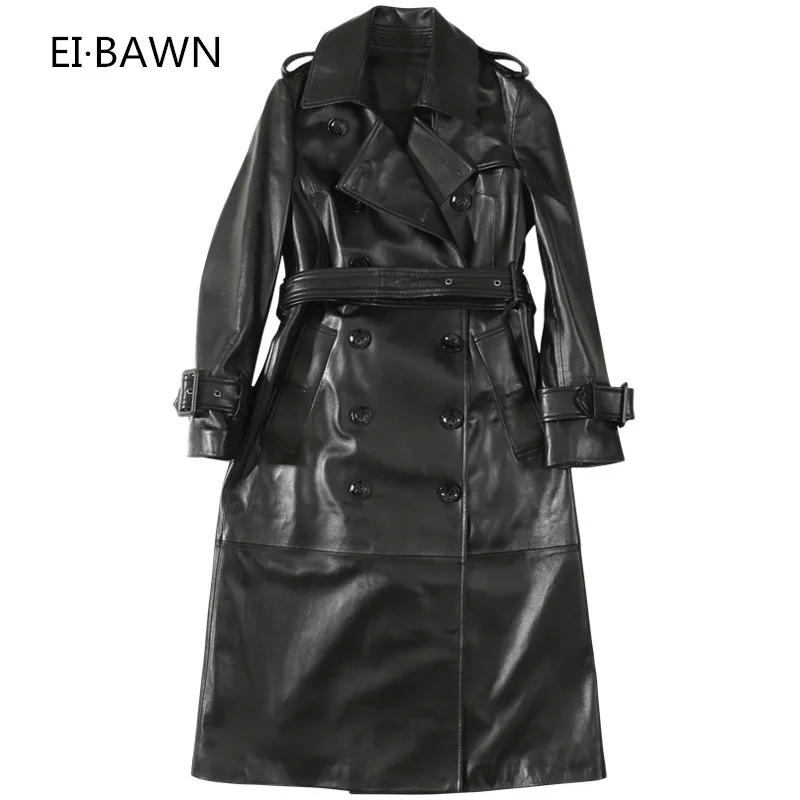 2019 Spring New Women's Leather Leather Long Section Sheepskin Windbreaker Jacket Slim Double Breasted Real Leather Jacket
