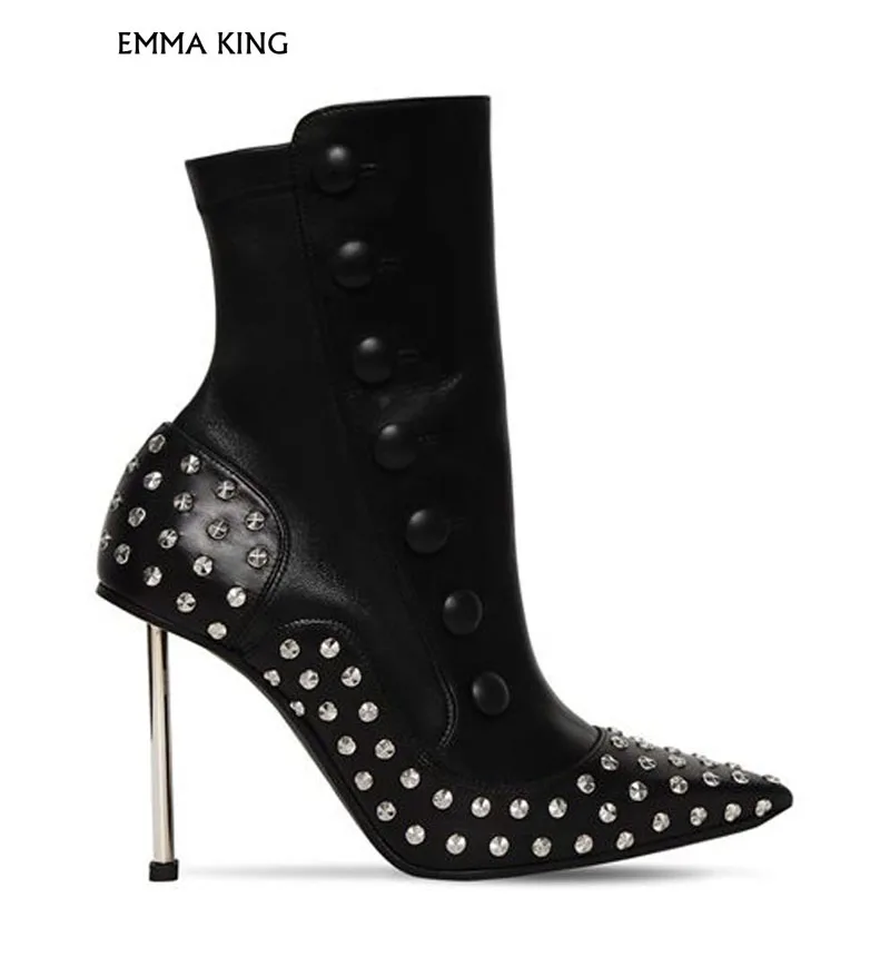 

High Metal With Side Zipper Ankle Boots Opening Closing Side Panel Decorative Button Rivet Pointed Botas Mujer Party Shoes Woman