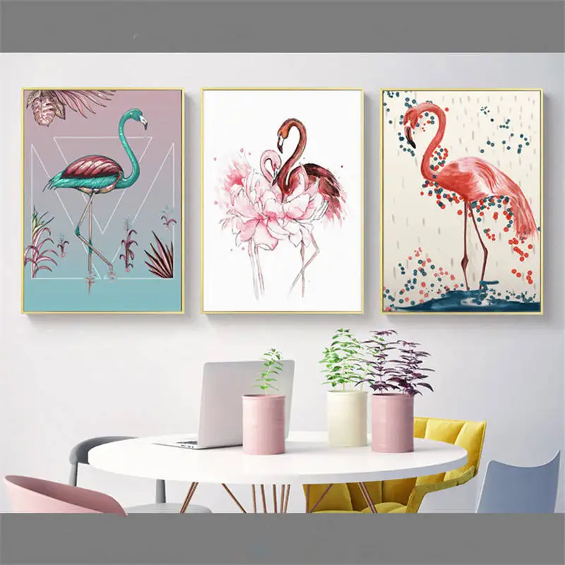 Nordic современный Wall Art Живопись Розовый фламинго бескаркасные холст картины
