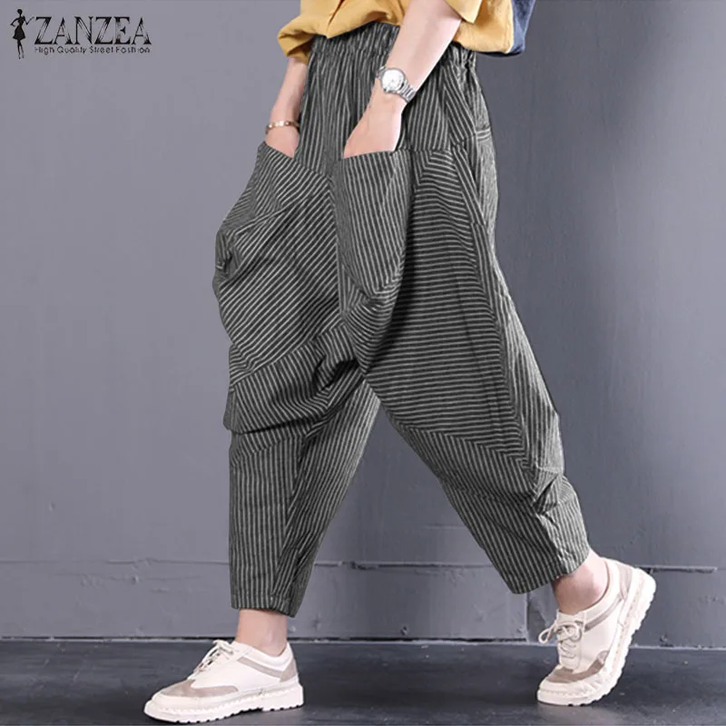 

2019 ZANZEA Women Elastic Waist Pockets Vintage Striped Harem Pants Autumn Casual Loose Work Baggy Turnip Trousers Pantalon