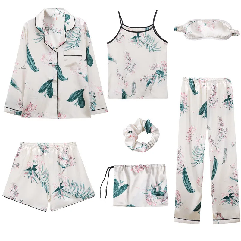 JULY'S SONG женский пижамный комплект из 7 предметов, женские пижамы из искусственного шелка, женские комплекты одежды для сна на осень и зиму, топы+ шорты+ рубашка+ штаны - Цвет: 3