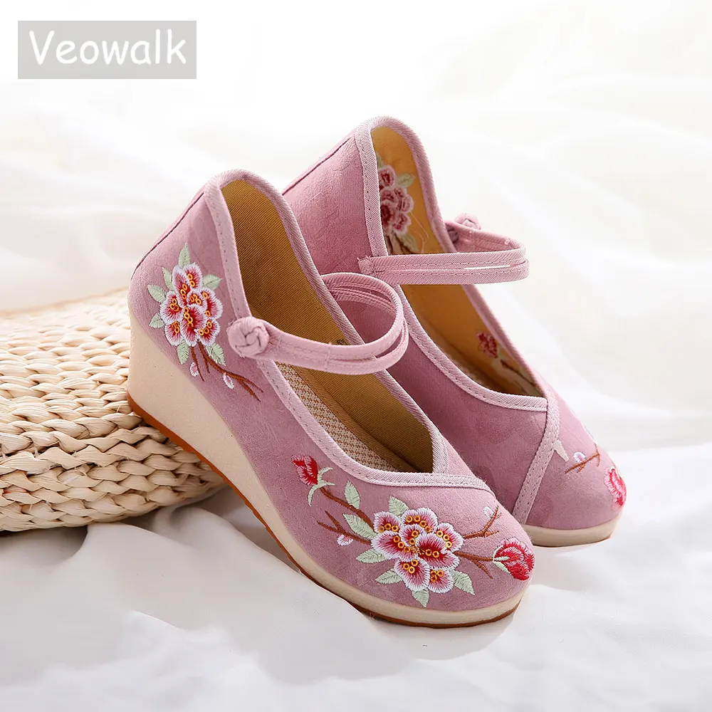 Женские Жаккардовые туфли Veowalk хлопчатобумажные лодочки на танкетке с вышивкой