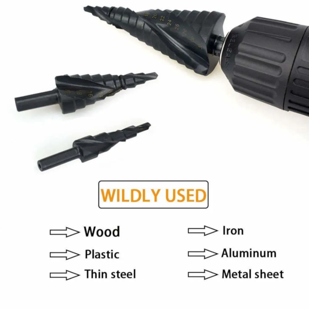Drill Bit Set 3pcs HSS Cobalt Step 4-32MM High Speed Steel Nitrogen Spiral Triangle Shank for Metal Cone