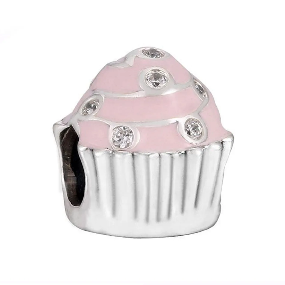 

Authentic 925 Sterling Silver Charm fit Lady Bracelet Bangle Birthday Cupcake Charm Pink Enamel DIY Jewelry