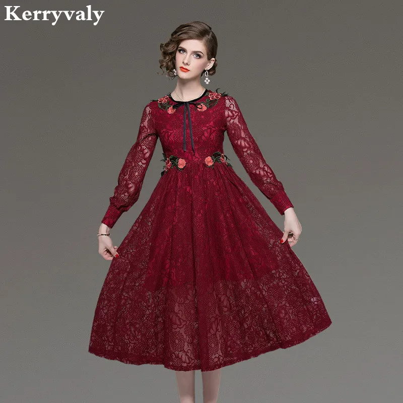 

Autumn Long-sleeved Flower Lace Dress Vestidos Invierno 2019 Spring Shirt Midi Party Dress Robe Femme Kleider Damen K8024
