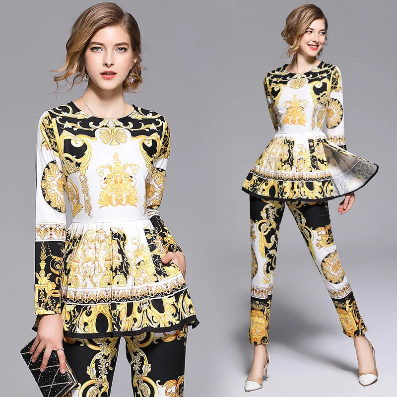 2018 Новая летняя модная женская одежда с круглым вырезом и рукавами три четверти, комплекты из двух предметов, винтажные женские комплекты с
