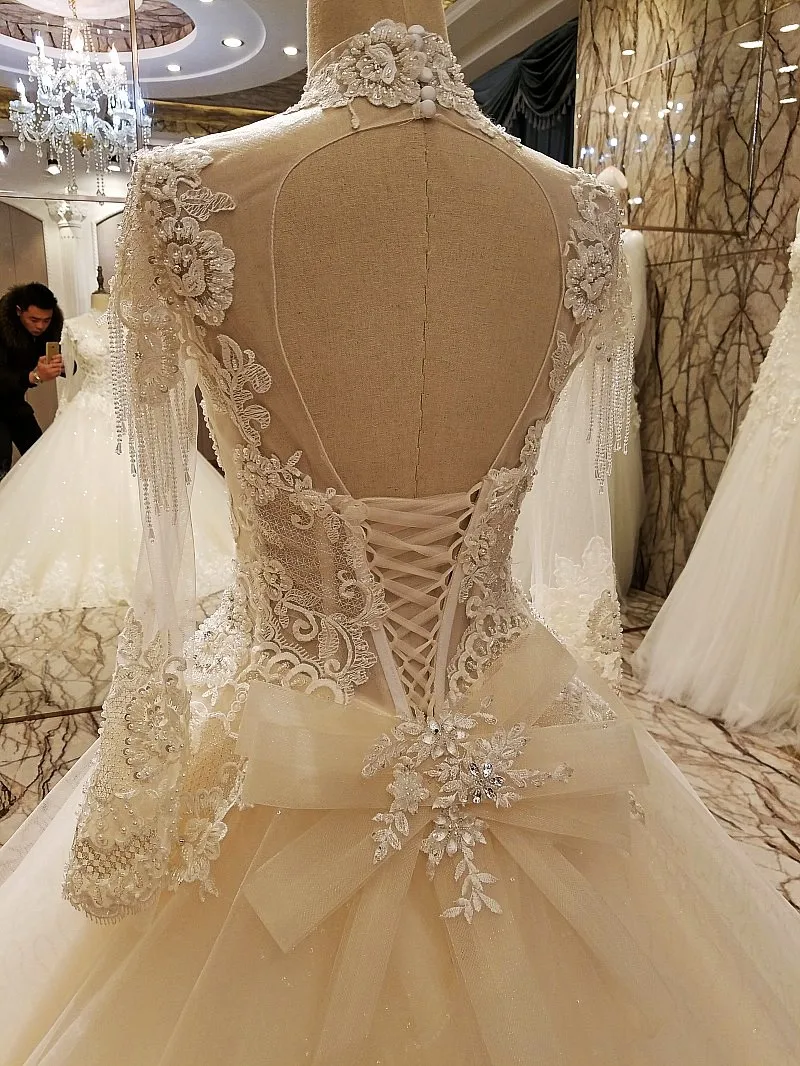 LS88607 свадебное платье с рукавами2018 с длинным рукавом с длинным рукавом зашнуруйте на задние пол длиной бальное платье из кружева свадебные платья organza real photos