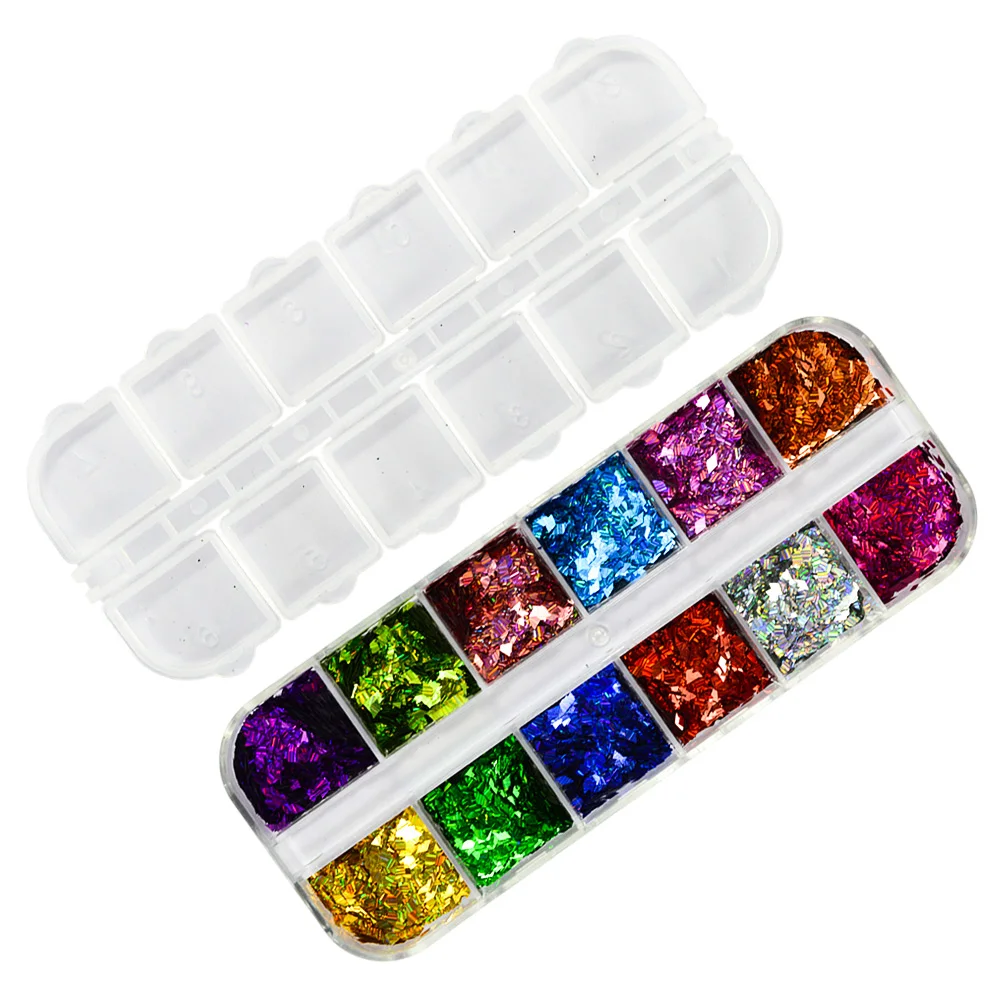 1 коробка, лазерные блестки для ногтей, блестки, ромбовидные блестки, Декор, 12 цветов, смешанные украшения для дизайна ногтей, блестящие аксессуары, DIY Nails LALW