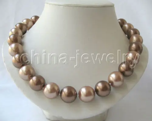 

FREE SHIPPING>>>@@ 18" 16mm perfect round champagne + coffee south sea shell pearl necklace @^Noble style Natural Fine jewe S