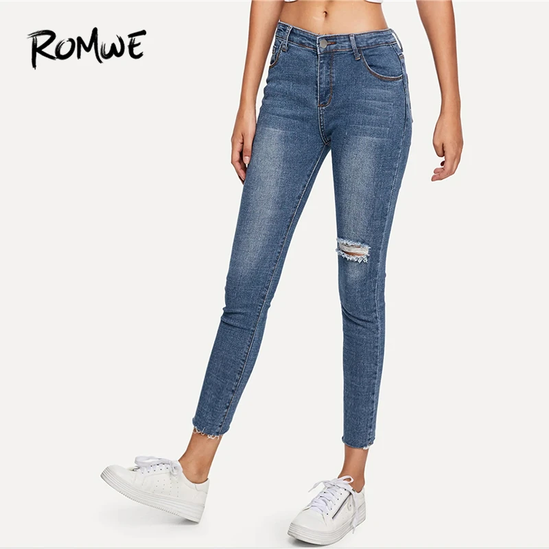 

ROMWE Asymmetrical Ripped Solid Jeans 2019 Pockets Hole Mid Waist Denim Pants Cool Spring Autumn Zipper Blue Long Trousers