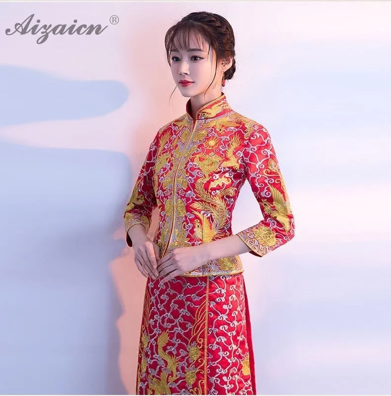 Мода дракон феникс длинный Cheongsam Современная невеста свадебное платье Qi Pao женское китайское свадебное платье Qipao восточные красные тонкие