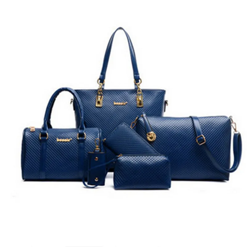 6 unids/set bolsos compuestos de mujer de moda de cuero de PU con estampado de entramado de diamantes bolso de mano de mujer bolso de hombro carteras bolso llavero conjunto