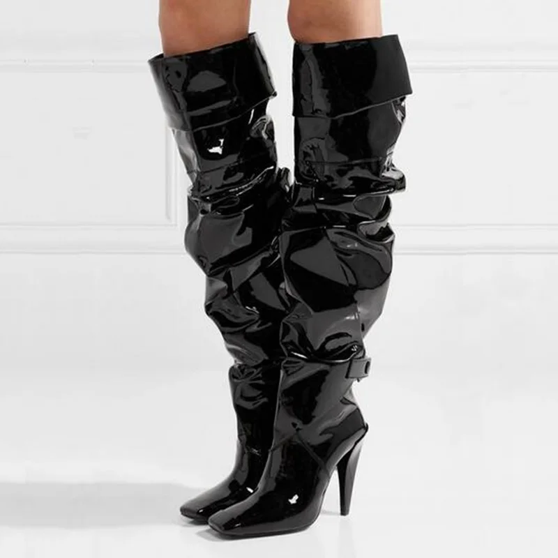 

folding wrinkle knee high boots plain toe patent leather shoes spike heel high quality shoes largest size 34-50 cheap long boots