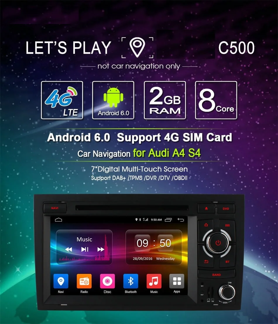 Clearance vehicel 2 din Android 6.0 Octa 8 Core car dvd player FOR Audi A4 2002-2008 gps navigation wifi 4G Bluetooth DVR RDS USB 1