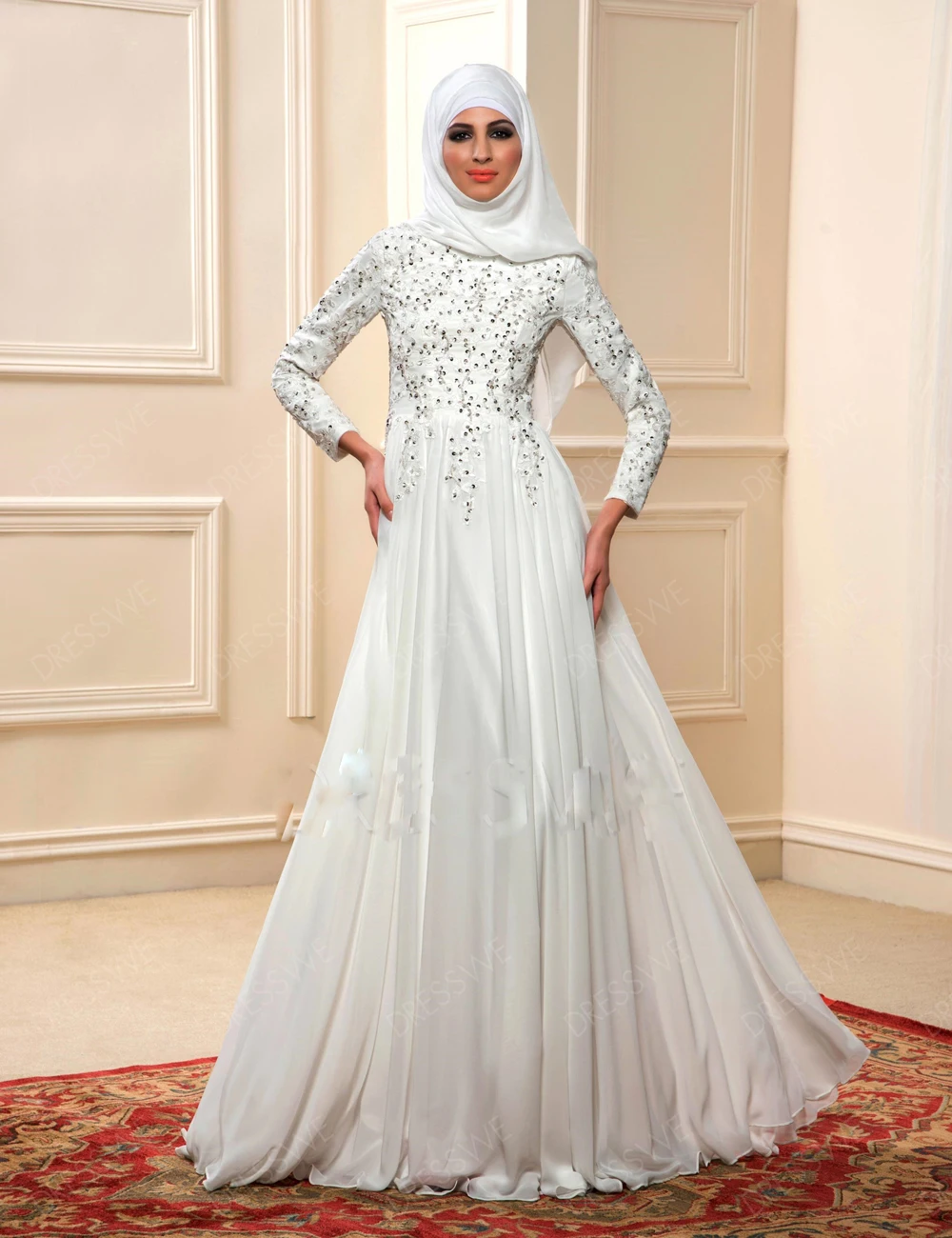 New Hijab Long Sleeves Arabic Wedding Gown Satin