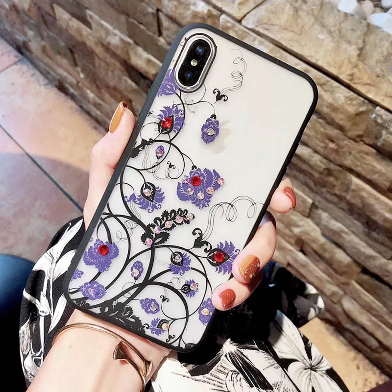 Sexy Lace Floral Diamond Case For iPhone X XR XS Max 8 7 6 6S Plus Soft Silicone Hard PC Retro Flowers Cases Cover Coque Shell (2)
