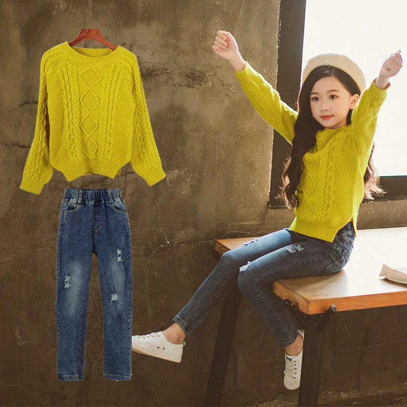 

Kids Girl Suit for 2 4 6 8 10 to 12 Years Autumn Fashion Comfortable Soft Yellow Sweater Girls Ankle Jeans Two Pieces Sets 8A17A