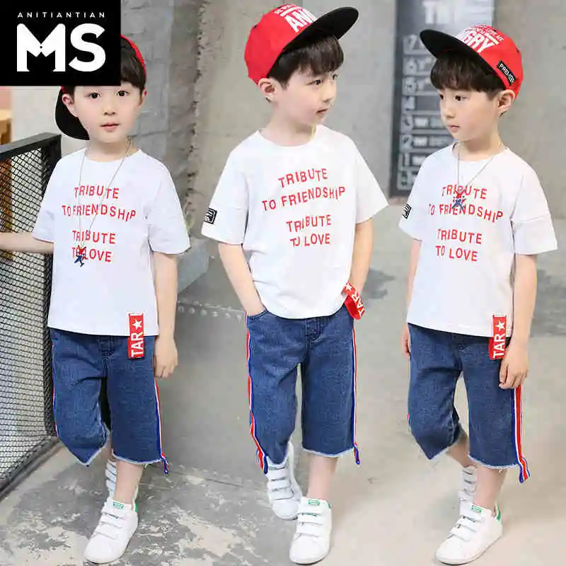 

JENYA 2018 New Fashion Children Clothing Sets Boys Letter Print Cotton T-shirt+Jeans Denin Cowboy Fabric Twinsets Kids Clothes