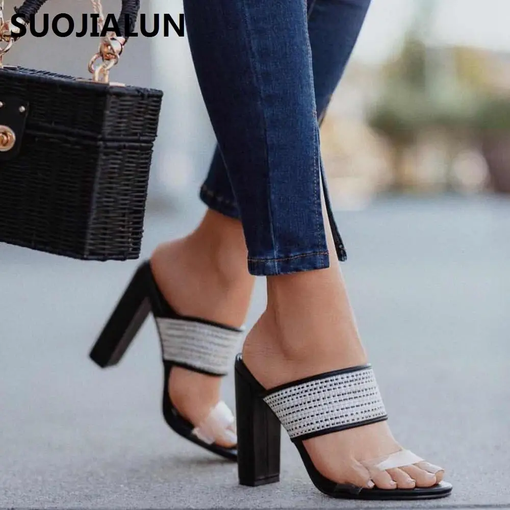 

SUOJIALUN 2019 New Women Transparent Sandals Open Toe Casual High-Heel Shoes Summer Wild High Quality
