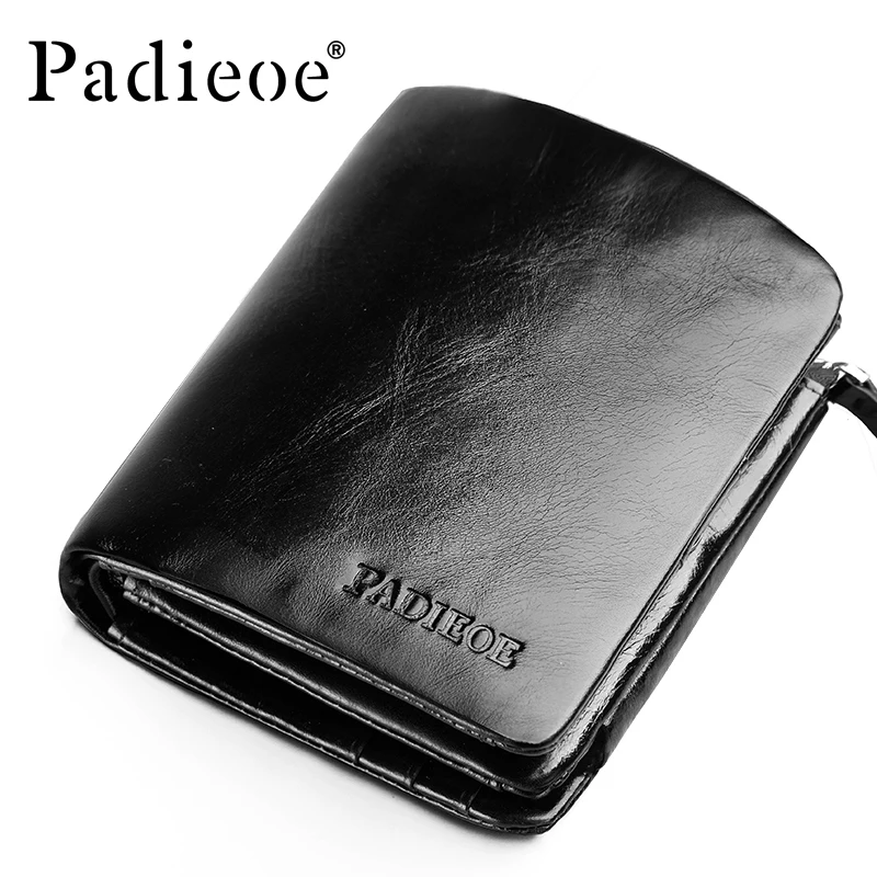 

Padieoe Crazy horse genuine leather three fold wallet men black luxury brand short men wallet fashion men wallet coin pocket
