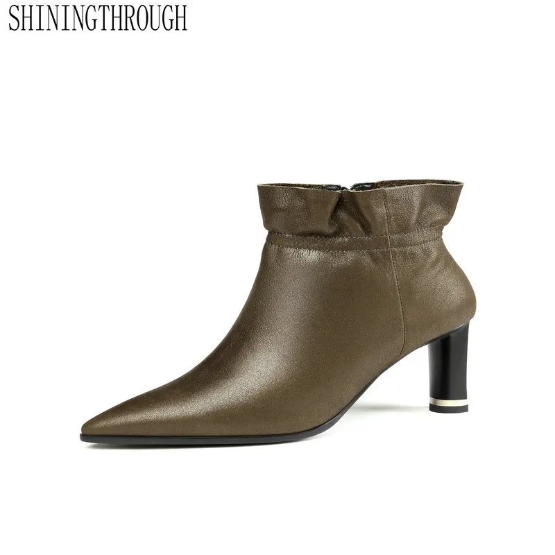 

Genuine Leather Women Ankle Boots All Match Platform Square High Heel Pointed Toe Women Motorcycle Boots Size 34-43