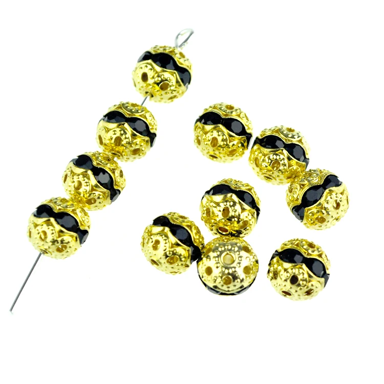 Wholesale 100pcs/lot Gold Metal Beads 8mm Black Crystal Spacer Charms