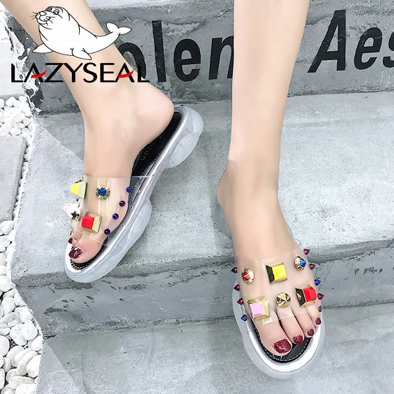 

LazySeal Flip Flops Summer Outdoor Women Shoes 2019 Crystal Slippers Beach Flat With Transparent Diamonds Rivets Women Slides