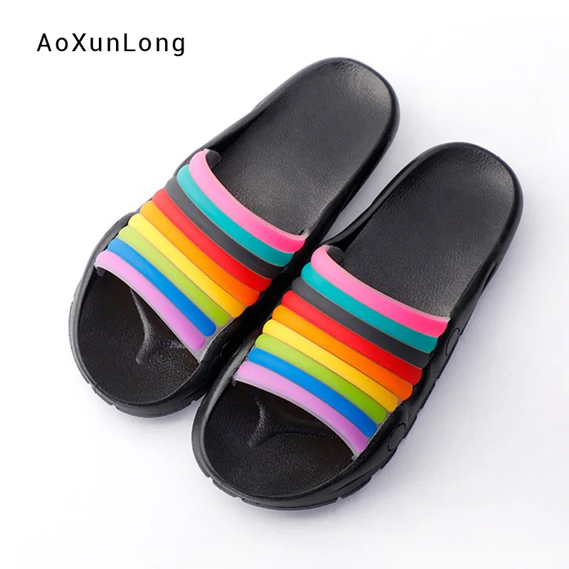 

New Style Indoor and Outdoor Women's Slippers Summer Fashion Household Rainbow Striped Lady sandals Massage Slippers Wholesale