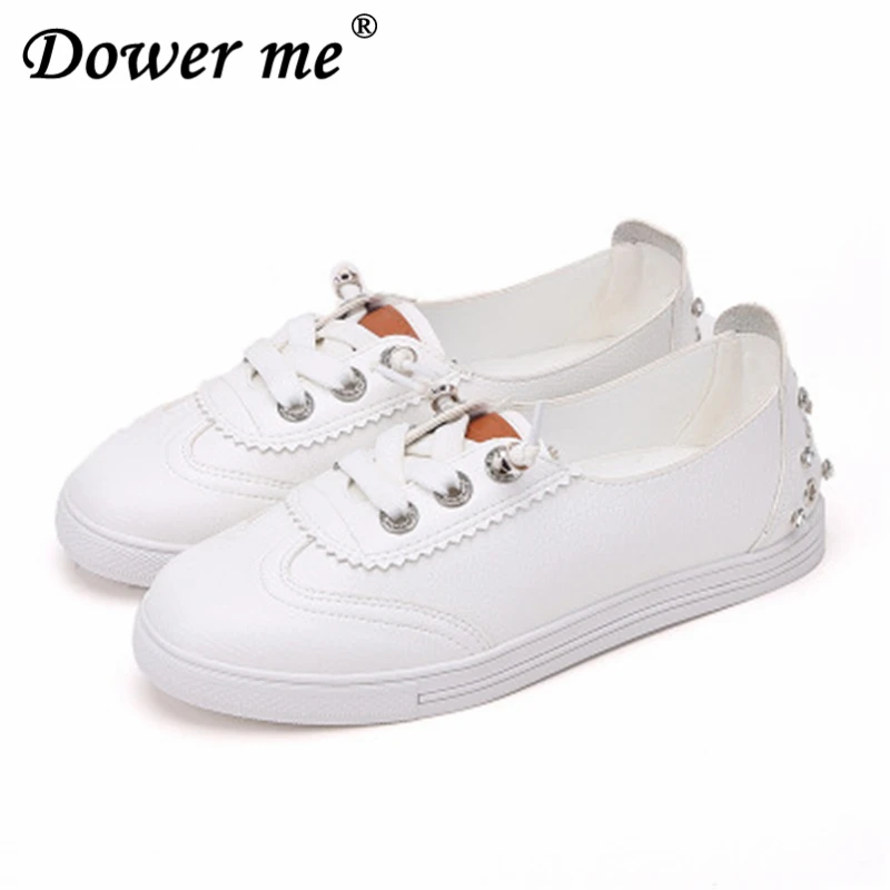 

2019 New Rivet Casual Women Rhinestone PU Round Toe Flats white yellow Big Size 32-43 Loafers Fashion Driving shoe Zapatos Mujer