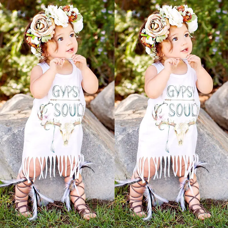 

New Summer Baby Girls Floral Tassels Dress White Baby Kids Girls Dress Party Sleeve Dress Sundress Outfits One-piece