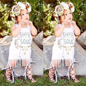 

New Summer Baby Girls Floral Tassels Dress White Baby Kids Girls Dress Party Sleeve Dress Sundress Outfits One-piece
