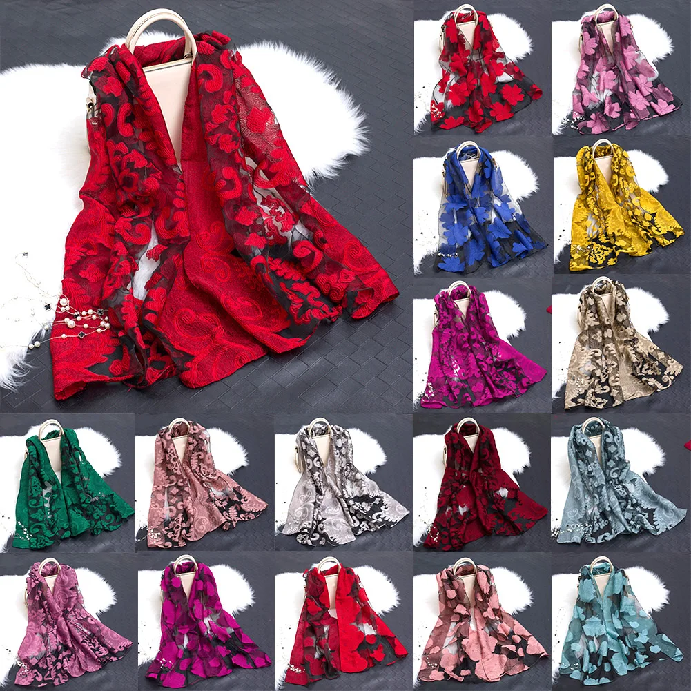

New Elegant Lightweight Silk Organza Cut Flower Long Embroidered Scarf Women Casual Floral Sunscreen Shawl Scarves Foulard Femme