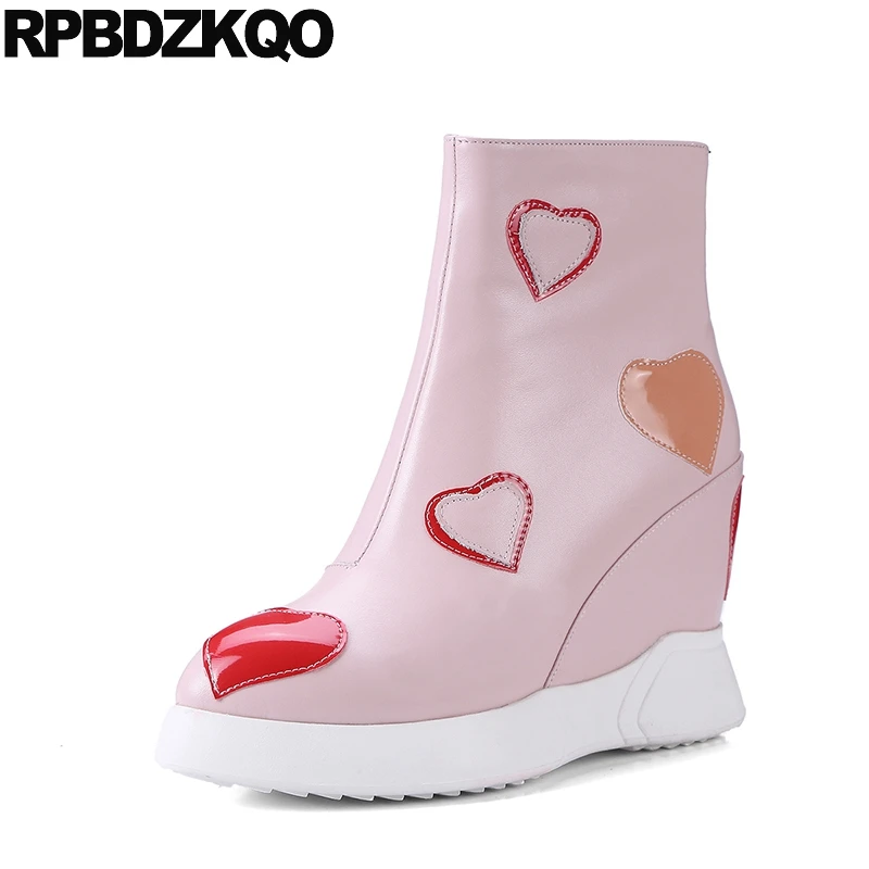 

Ankle Platform Shoes Pink Pointed Patent Leather Waterproof Winter Boots Women Size 4 High Heel Booties 2017 Wedge Brand Heart