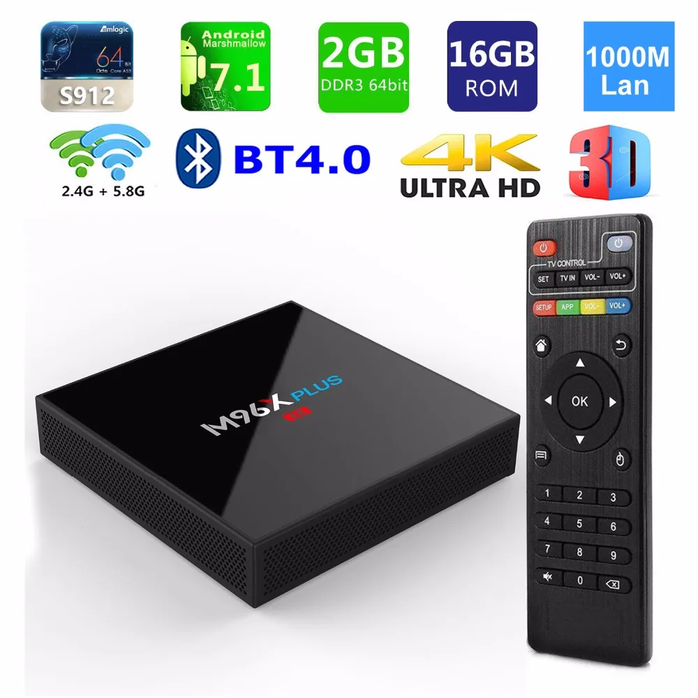 New M96X plus Android 7.1 TV Box Amlogic S912 Octa core 2GB/16GB Bluetooth 1000M Lan 2.4G/5G Dual WIFI H.265 4K 3D Set Top Box New M96X plus Android 7.1 TV Box Amlogic S912 Octa core 2GB/16GB Bluetooth 1000M Lan 2.4G/5G Dual WIFI H.265 4K 3D Set Top Box