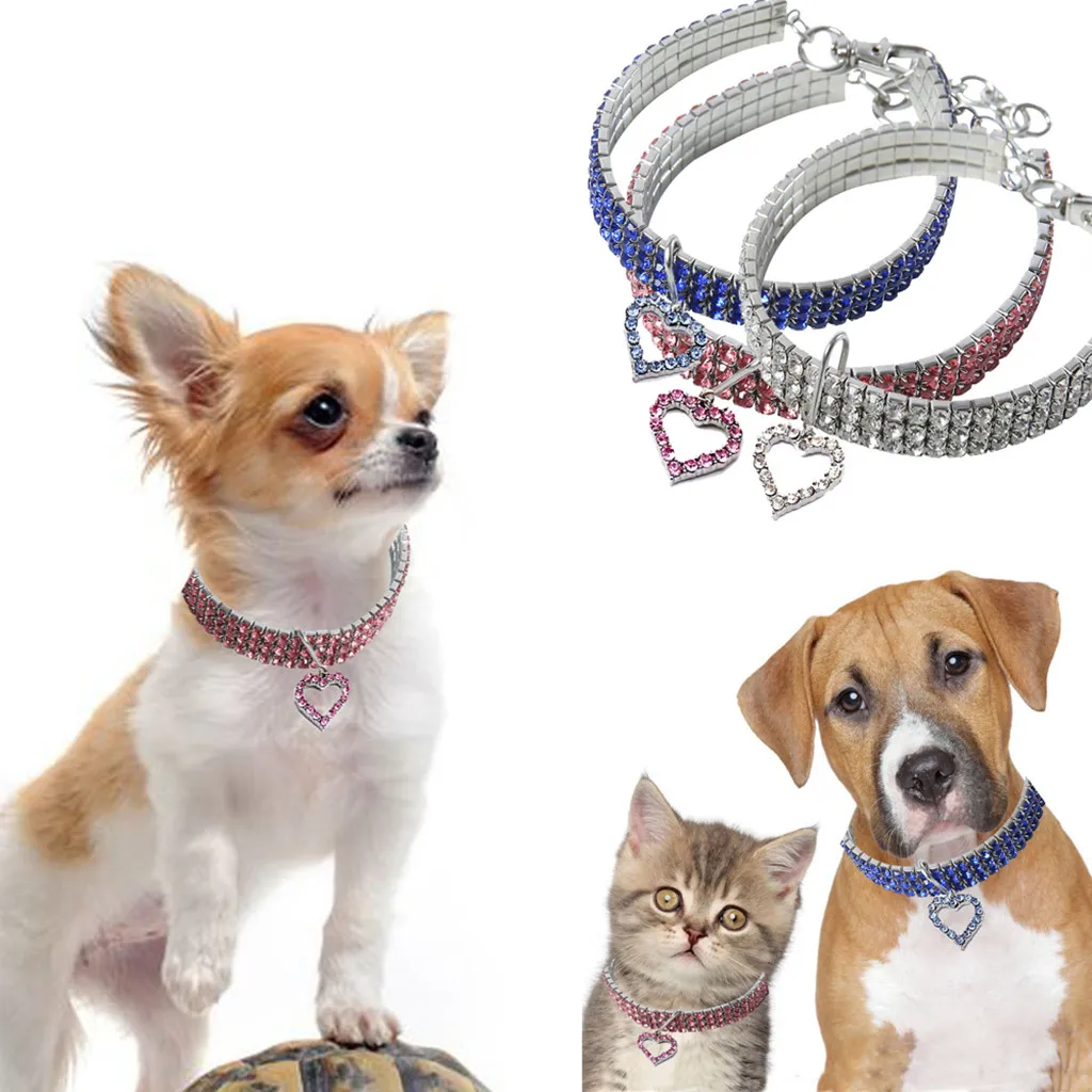 Bling Rhinestone Mini Pet Dog Collar With Heart Shaped Pendant For