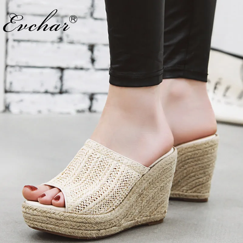 

EVCHAR new Bohemian knitting Women's Peep-toe Heel Wedges Summer PU Leather Slippers Sexy Party Mules Woman Plus Size 34-43
