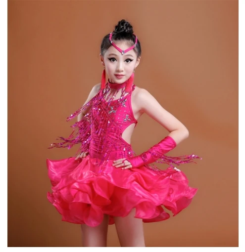 Junior Child Kids Girls Latin Dance Costumes Sequin Fringe Latin Dance Dress Bachata Salsa Dresses dance dress