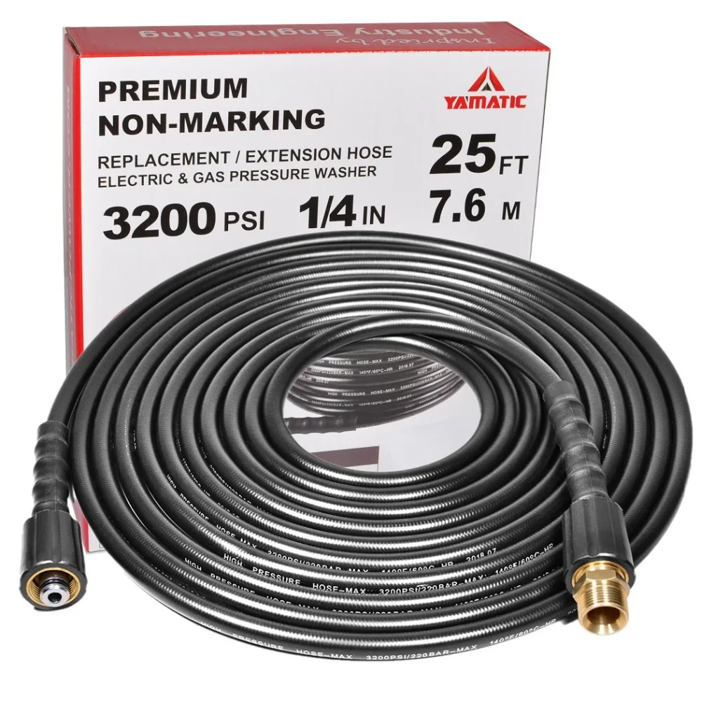 YAMATIC 3200 PSI 1/4"x 25 FT No-Kink High Pressure Washer Hose With M22-14mm Freebie Brass Fitting For Car Washer Water Cleaning