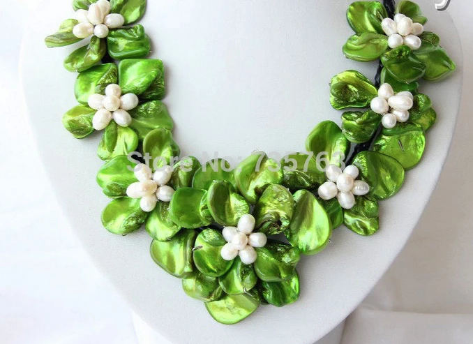 HOT 0015160 classic white baroque freshwater pearl green shell flower leather necklace | Украшения и аксессуары