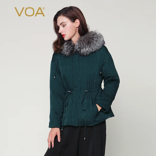 Best price at $340 Cheap VOA blue fox fur collar dark cyan dobby silk parkas loose casual adjustable waist pleated women winter coat M7292