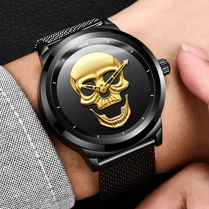 

2018 Men's Watch LIGE Unisex Mesh Belt Black Gold Skull Watches Quartz Skull Head 3D Skull Punk Fashion&Sport Personality Watch