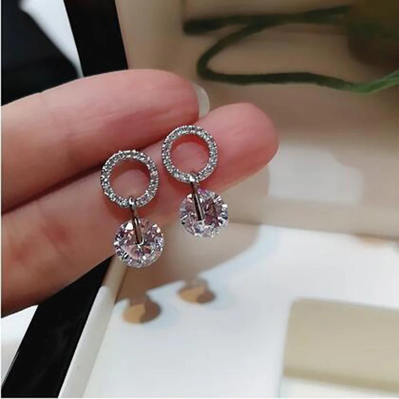 

Women Fashion CZ Crystal Dangle Earrings Silver Color Rhinestone Round Earrings Inlay Earrings For Women Jewelry