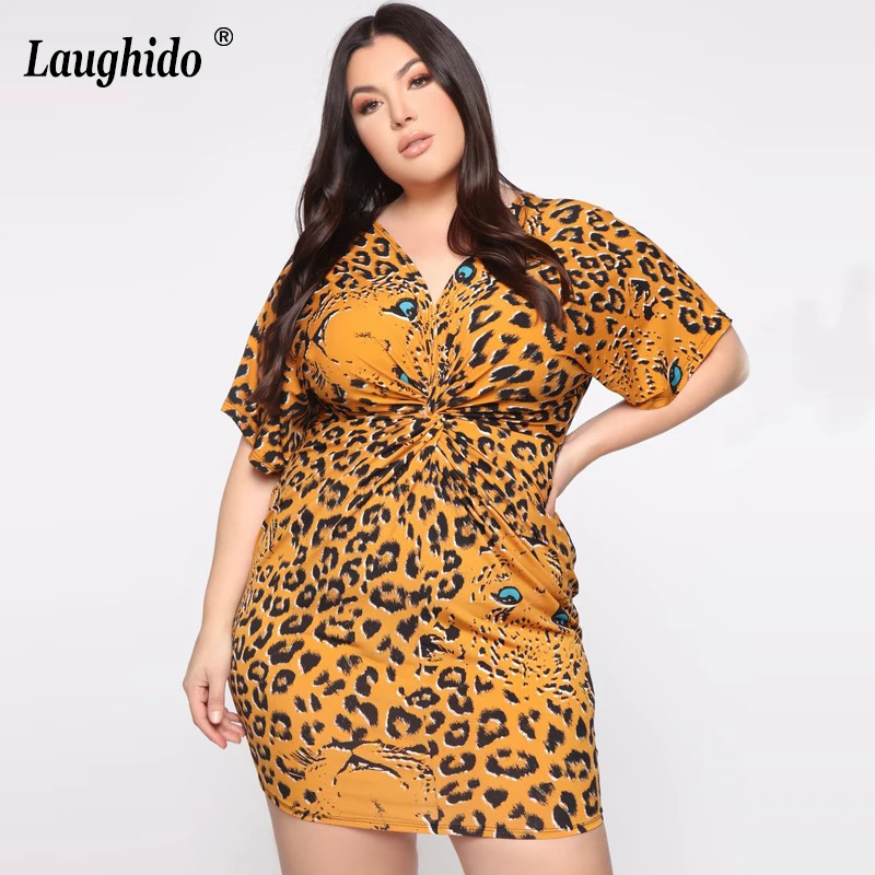 

Laughido Plus Size V Neck Knot Dress Short Sleeve Leopard Mini Dress Women Beach Boho Party Vestidos Summer Skinny Yellow Robe