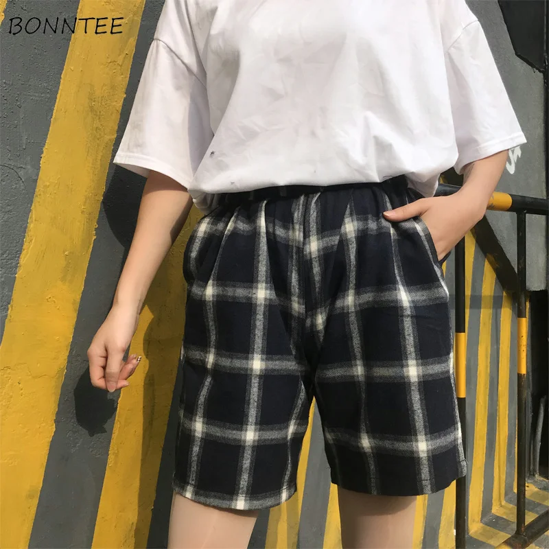 Женские шорты Харадзюку, свободные, подходят ко всему, корейские, BF клетчатые, простые, женские, Ретро стиль, удобные, трендовые, студенческие, летние, шикарные, эластичные, повседневные