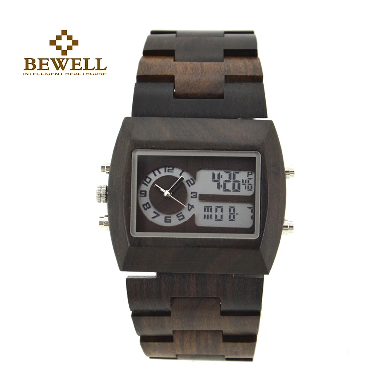 

BEWELL 021A LED display Analog Digital Rectangle Wood Watch Men Quartz Watches with Stop Watch Auto Date Alarm Week Display