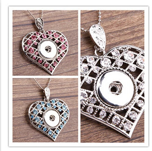 

new silver plated heart shaped Snap button Pendant New 18 /20mm With Rhinestone Metal Button Charm Pendant Necklace